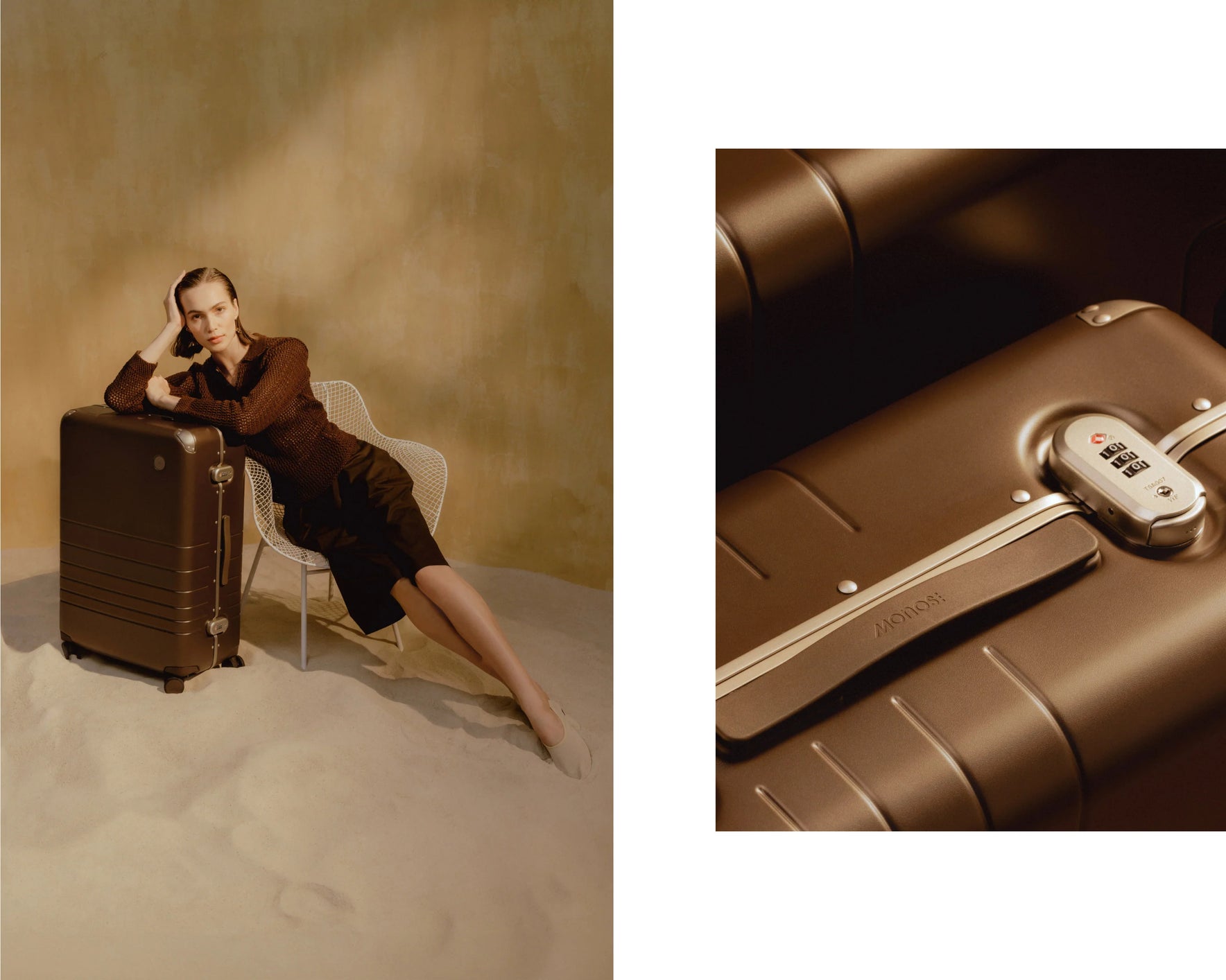 An image of a woman resting on a chair beside a Hybrid Check-In Large in Adobe Brown, with a close-up of the TSA-accepted lock on the right.