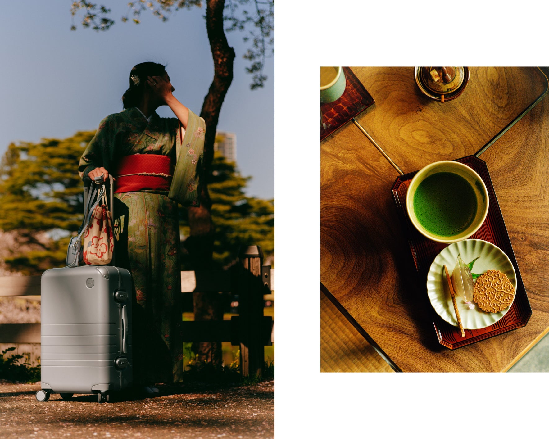 A split image showing a woman in traditional Japanese attire, holding a hybrid carry-on in silver in a serene park setting on the left, and a close-up of a Japanese tea set with a green matcha drink, delicately arranged on a wooden tray on the right.