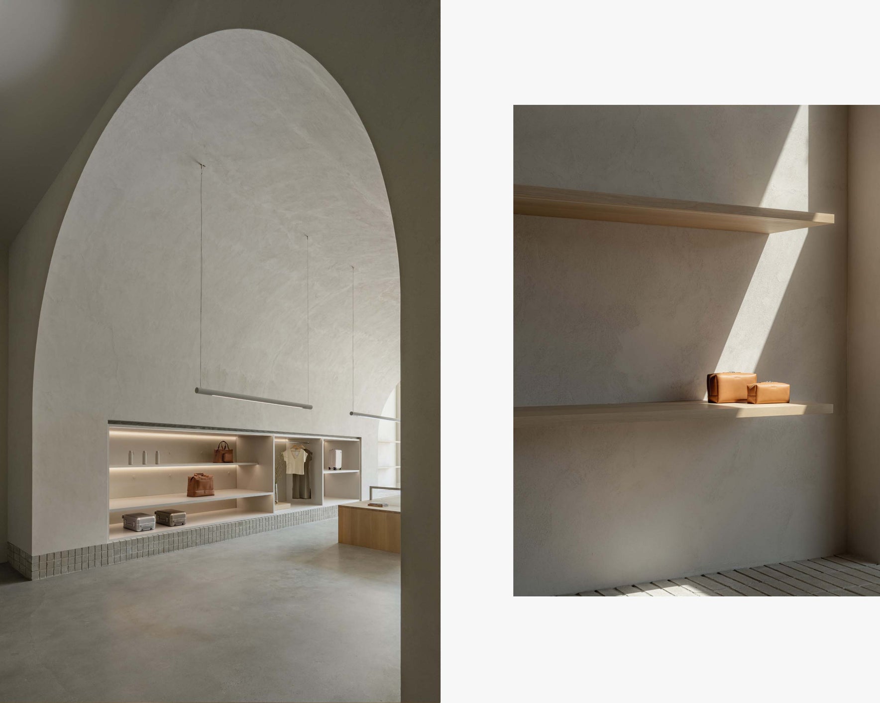 A collage of two images. The left image shows a spacious, minimalist retail showroom with high, arched ceilings and built-in shelves displaying metro bags, clothing, and metro accessories. The room is softly lit, with a clean, neutral palette. The right image shows a close-up of two light wooden shelves on a minimalist wall, with a small and large metro toiletry case neatly placed on the top shelf. Sunlight casts a warm glow on the items.