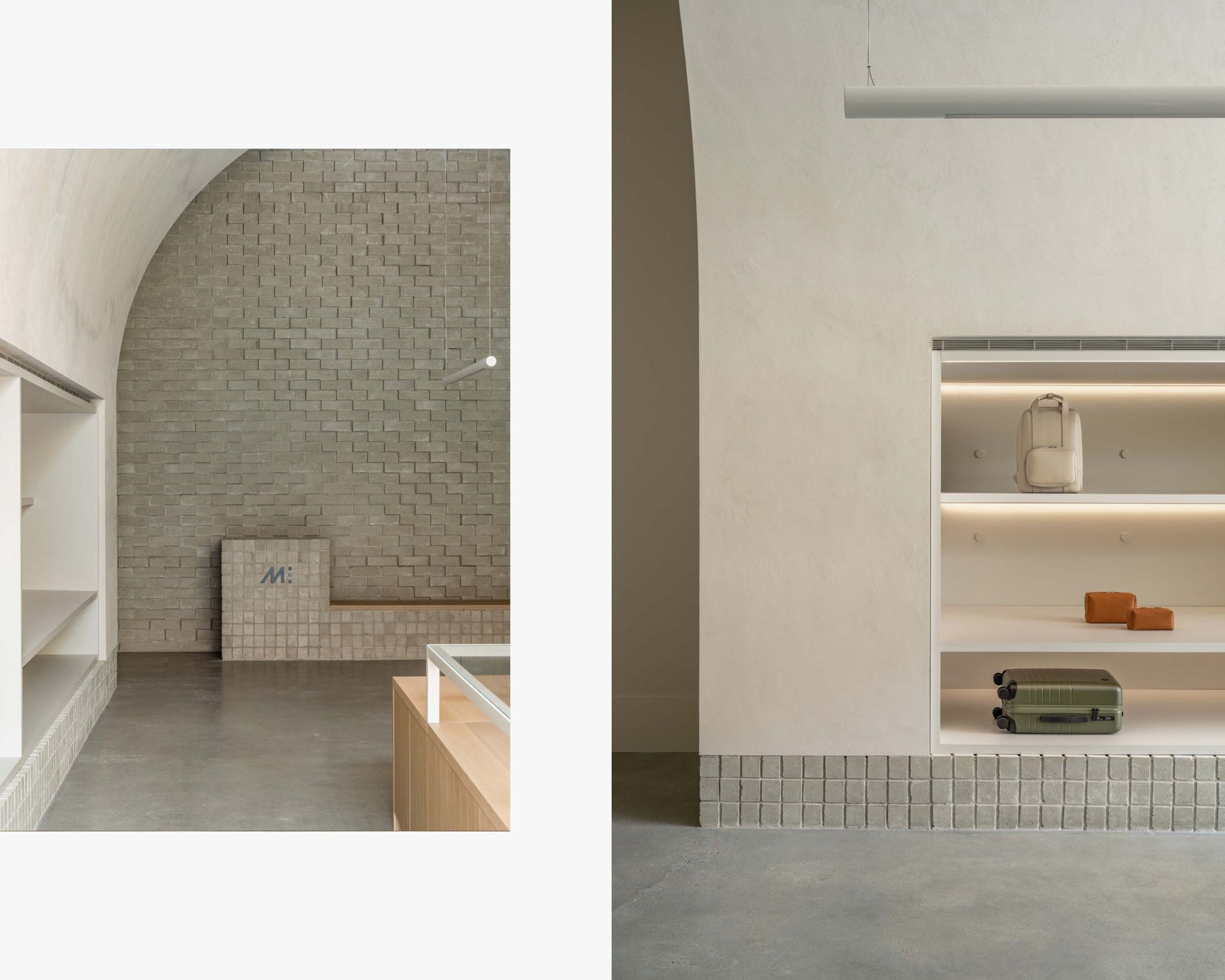 A collage of two images. The left image shows a minimalist retail space with a textured gray brick wall and simple shelves lining the sides. A small platform with the
