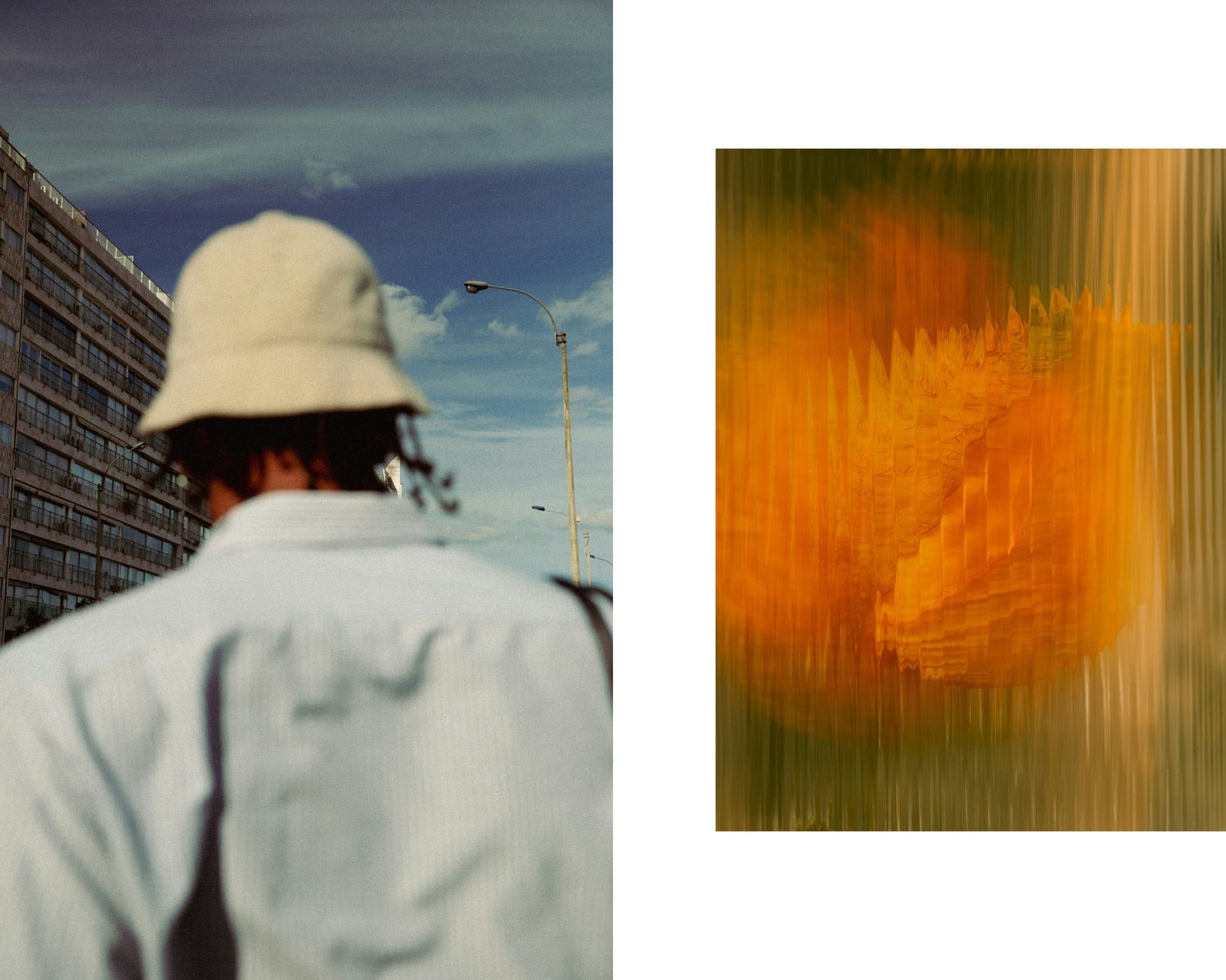 A diptych; the left panel shows the back of a person wearing a white bucket hat and light shirt, walking in an urban setting under a partly cloudy sky. The right panel features an abstract close-up of vibrant golden and orange hues, resembling distorted reflections or textured glass.