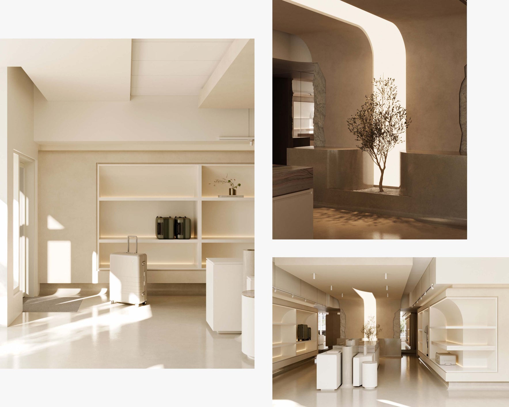 A collage of three images featuring a modern, minimalist retail space. The top-left image shows a brightly lit showroom with white shelves and hybrid check-in luggage on display. The top-right image captures a curved wall alcove with a small tree planted inside, illuminated by natural light. The bottom image presents a wide view of the showroom, with neutral tones, clean lines, and Monos luggage displayed on shelves, all under soft lighting that creates a calm and elegant atmosphere.