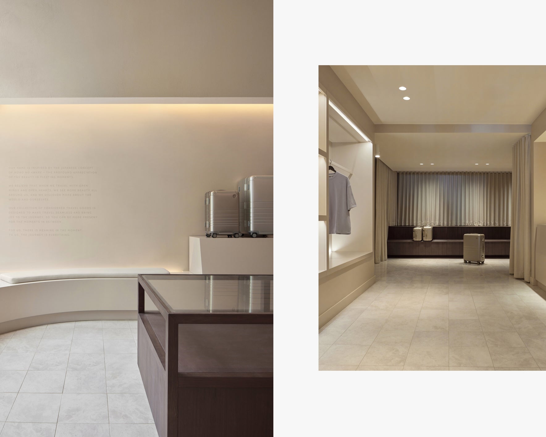 Monos Boston store interiors featuring minimalist cream walls, curated displays, and silver luggage showcased in a neutral-toned space.
