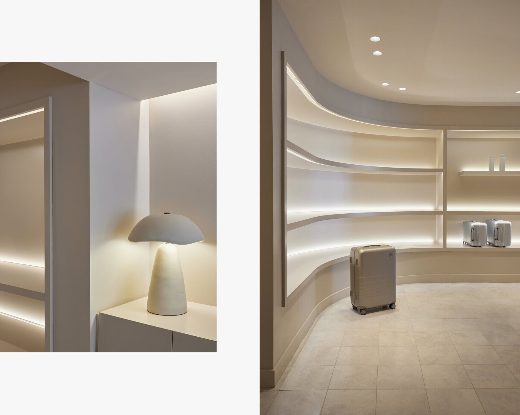 Monos Boston store interiors featuring a sculptural lamp detail and curved illuminated shelving with silver luggage displayed.