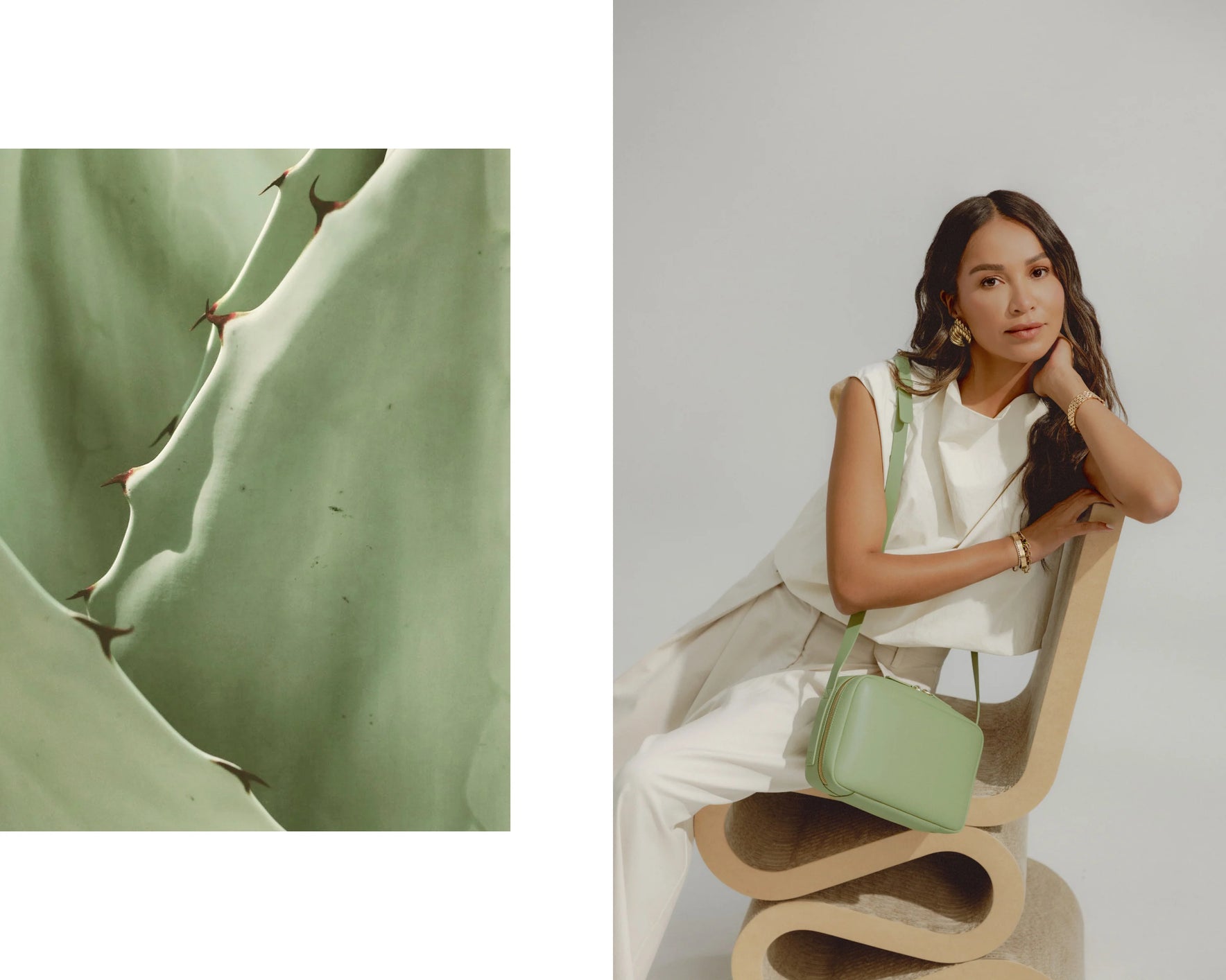 An image of a cactus close-up on the left and a woman sitting with a Metro Crossbody in Cactus (Vegan Leather) on the right.