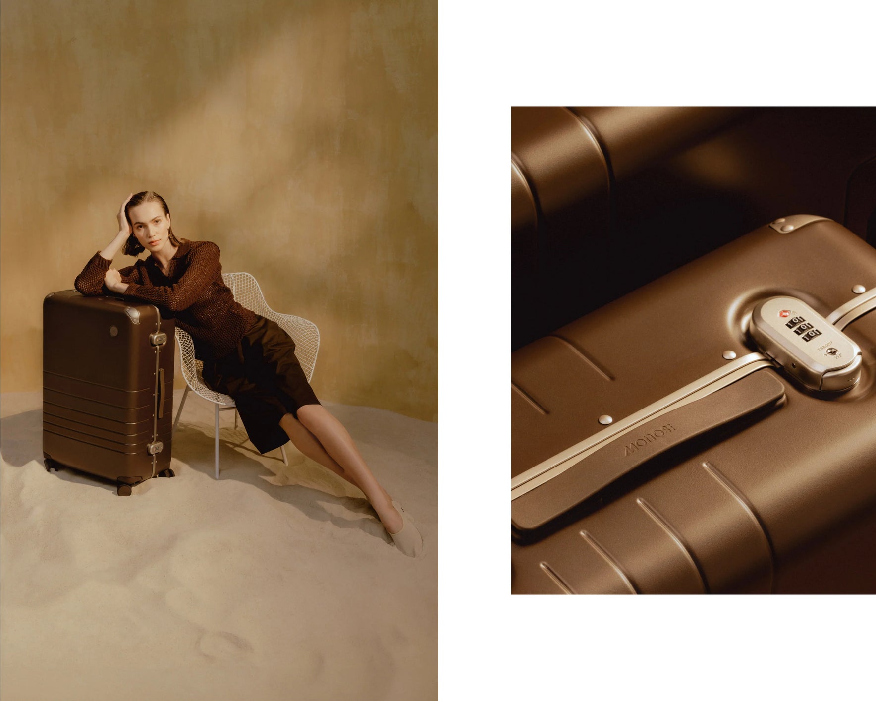 An image of a woman resting on a chair beside a Hybrid Check-In Large in Adobe Brown, with a close-up of the TSA-accepted lock on the right.