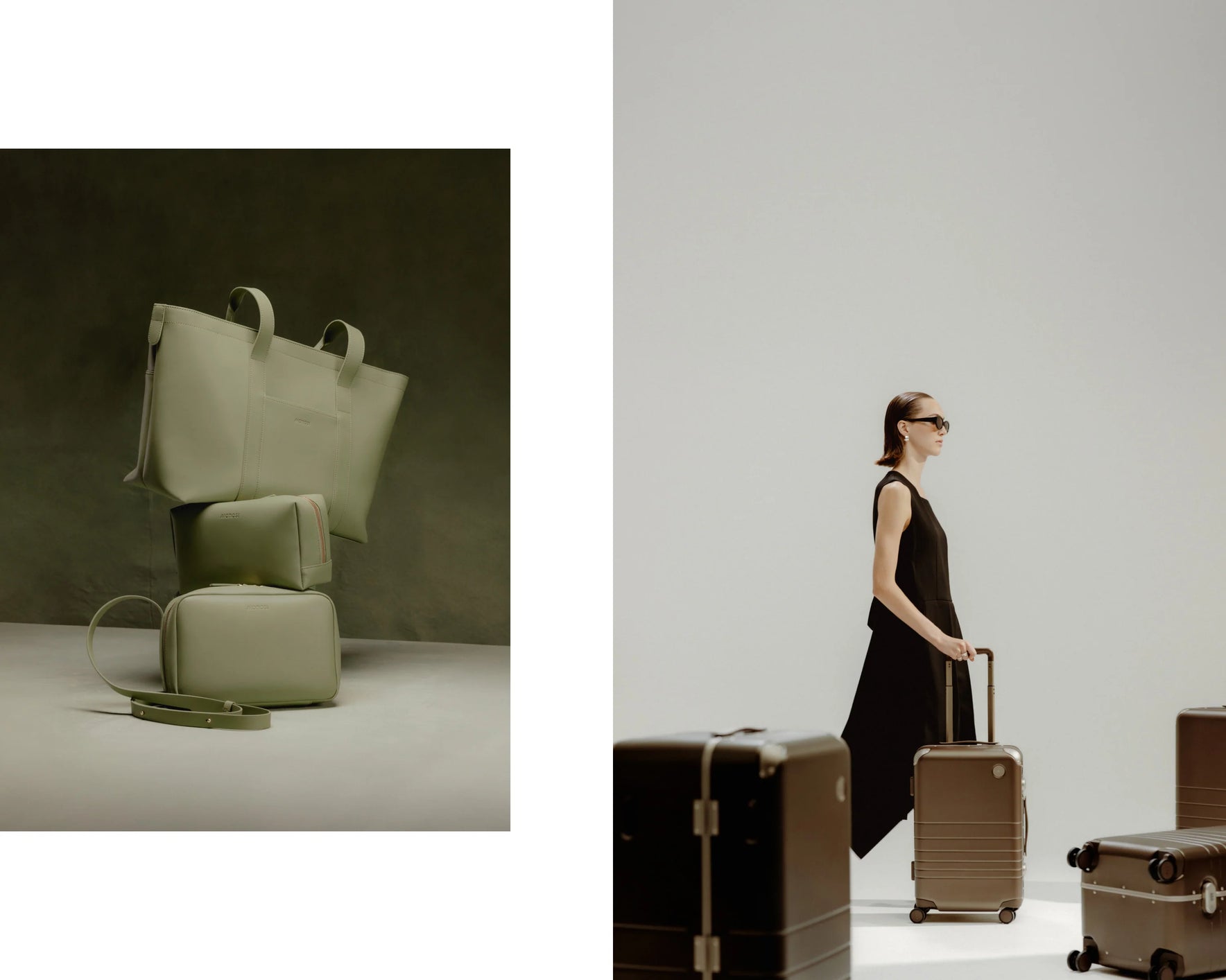 An image of a Metro tote, Large metro toiletry case, and Metro Crossbody in Cactus (vegan leather) stacked on the left and a woman pulling a Hybrid Carry-On in Adobe Brown on the right.