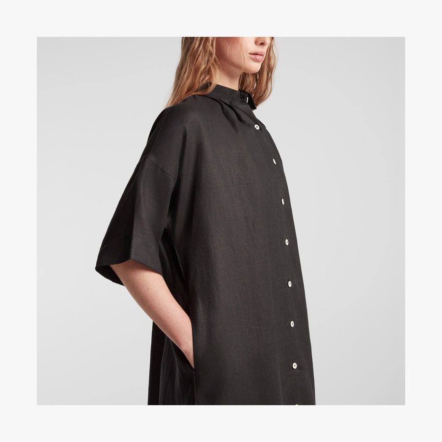 Black | Shoulder view of Algarve Shirt Dress in Black