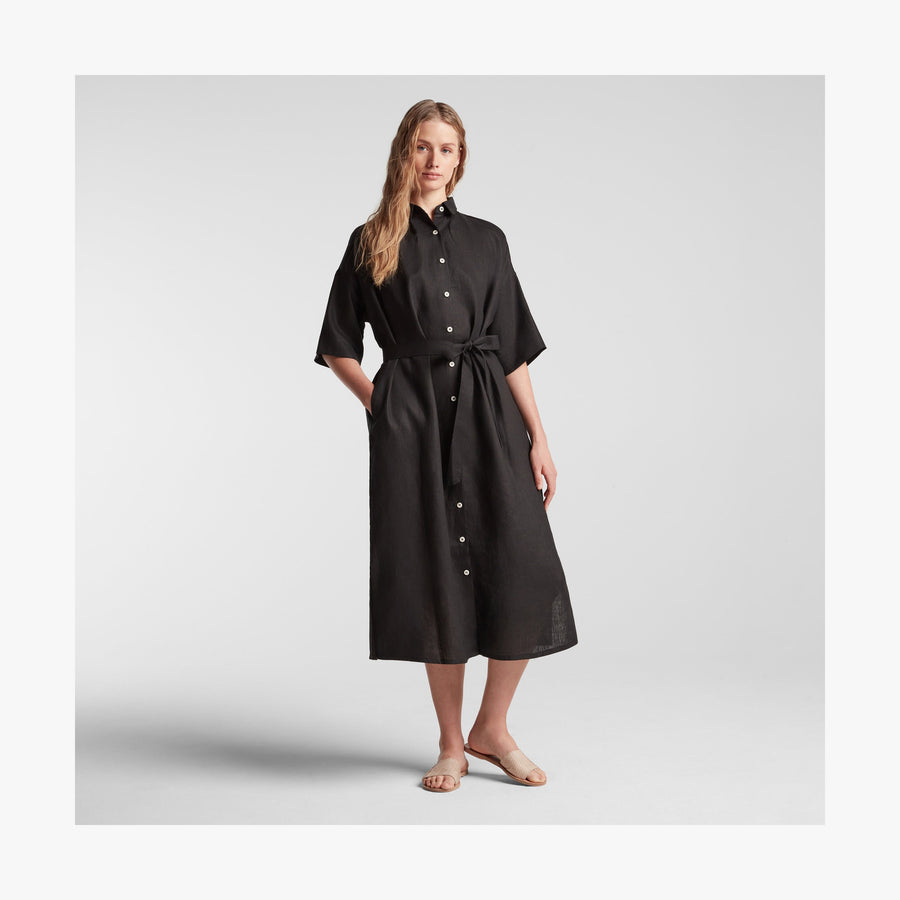 Black | Full body front view of Algarve Shirt Dress in Black