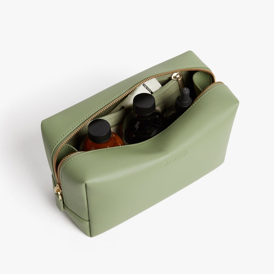 Large / Cactus (Vegan Leather) | Interior front view of Metro Toiletry Case Large in Cactus