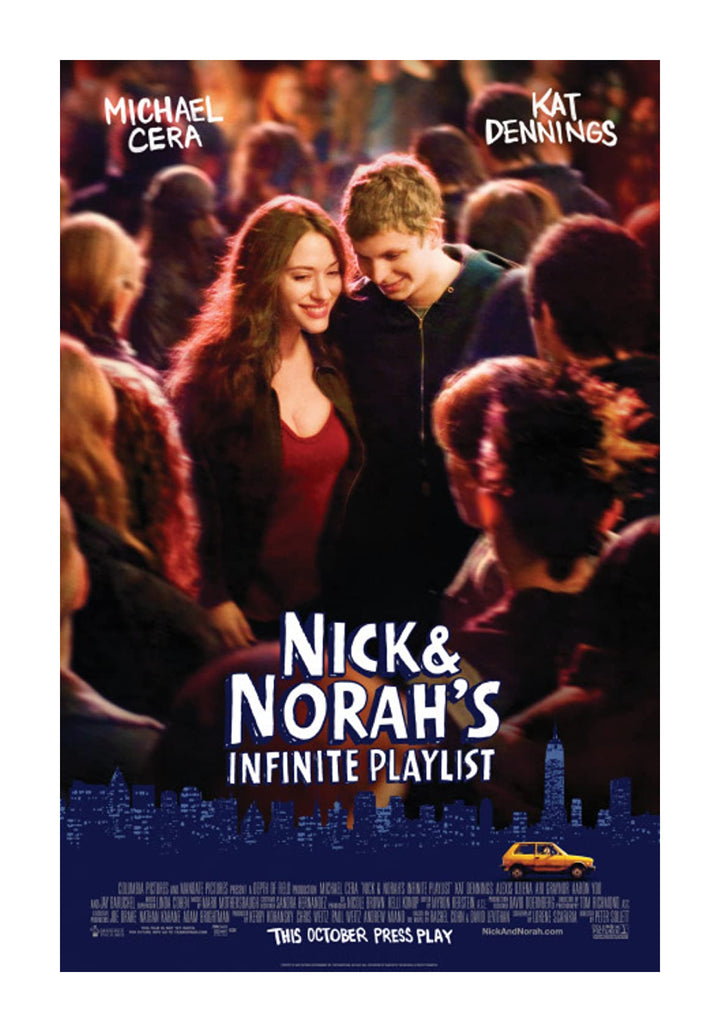 A movie poster for Nick & Norah's Infinite Playlist, showing two characters smiling together in a crowded, lively nighttime setting.