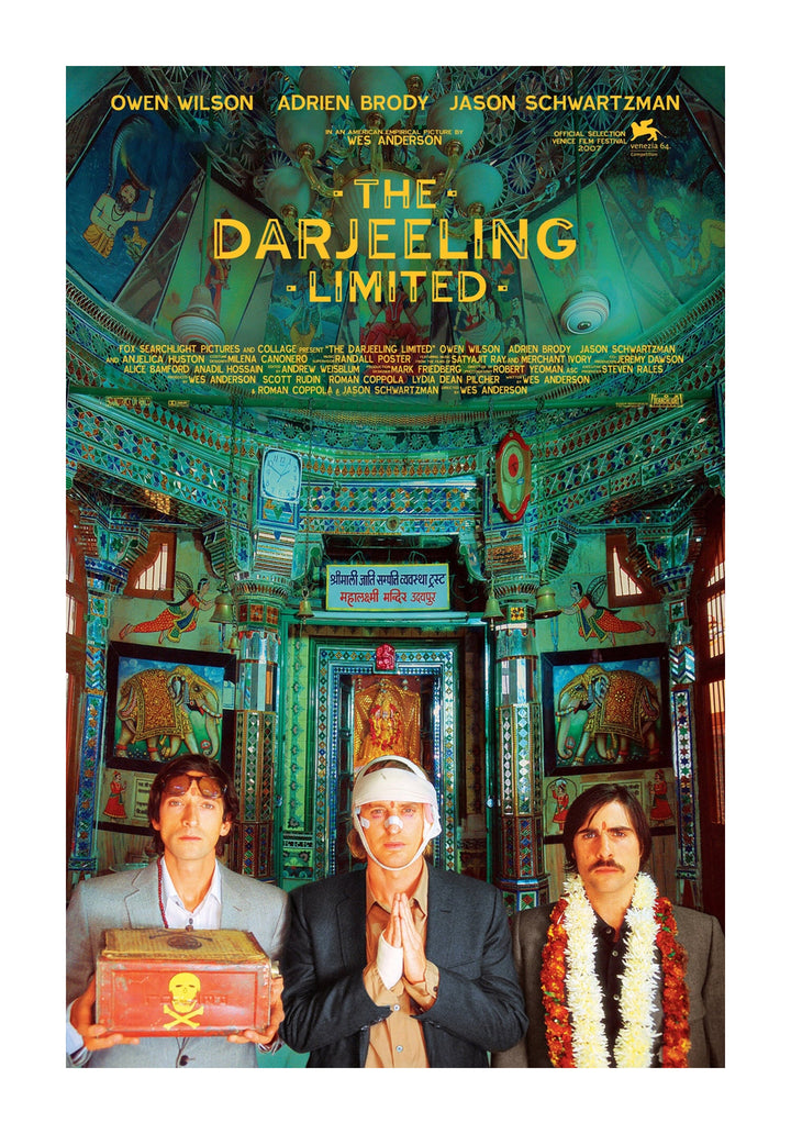 A movie poster for The Darjeeling Limited, featuring three men in front of an ornate Indian temple, dressed in distinct attire with solemn expressions, representing a scene from the film.