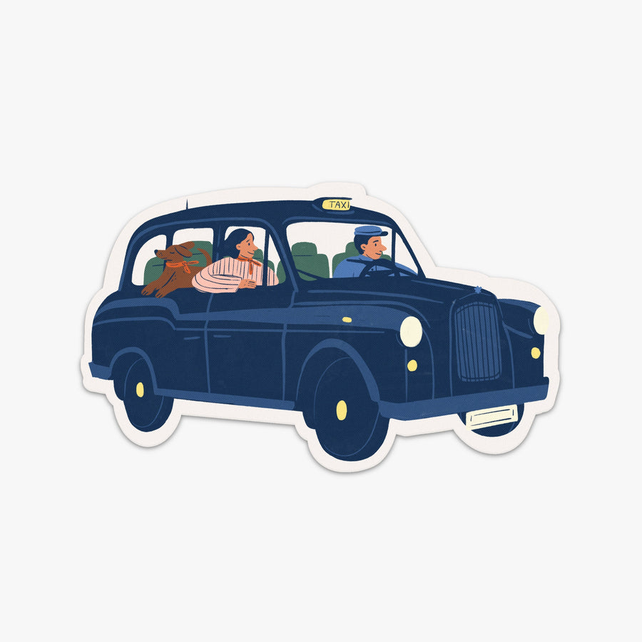 London | Destination Stickers London blue taxi with a person and a dog