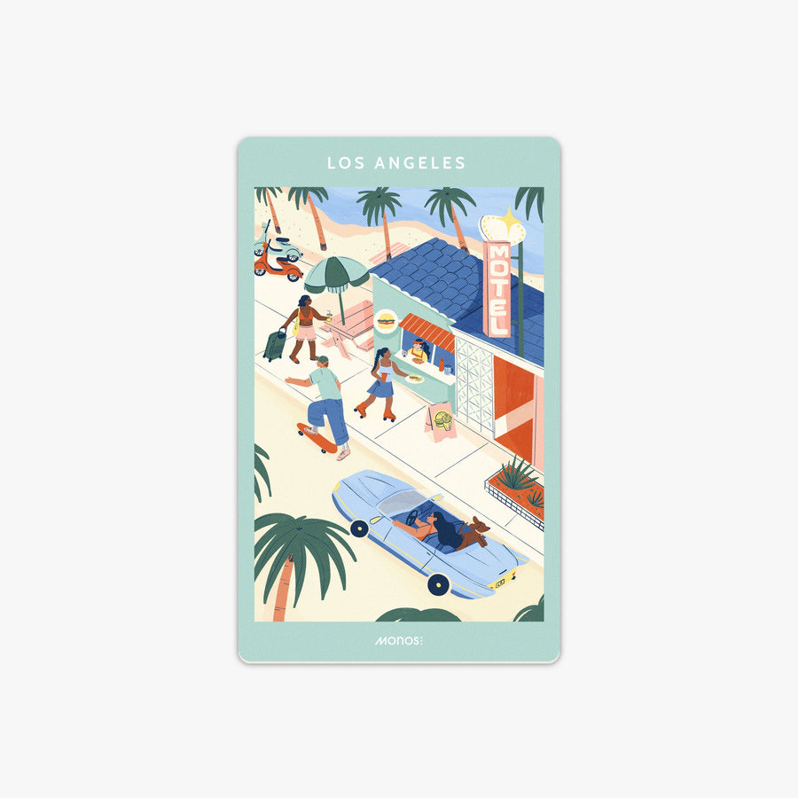 Los Angeles | Destination Stickers Los Angeles city street view with food shop, a car and people walking
