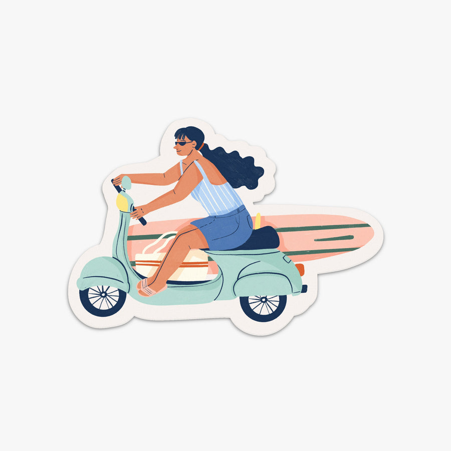 Los Angeles | Destination Stickers Person riding a motorcycle and carrying a surfboard