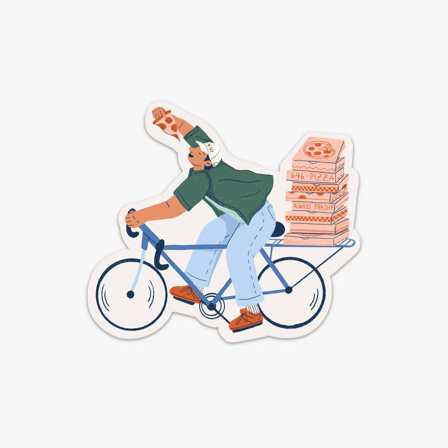 New York | Destination Stickers New York pizza delivery guy in bicycle eating pizza
