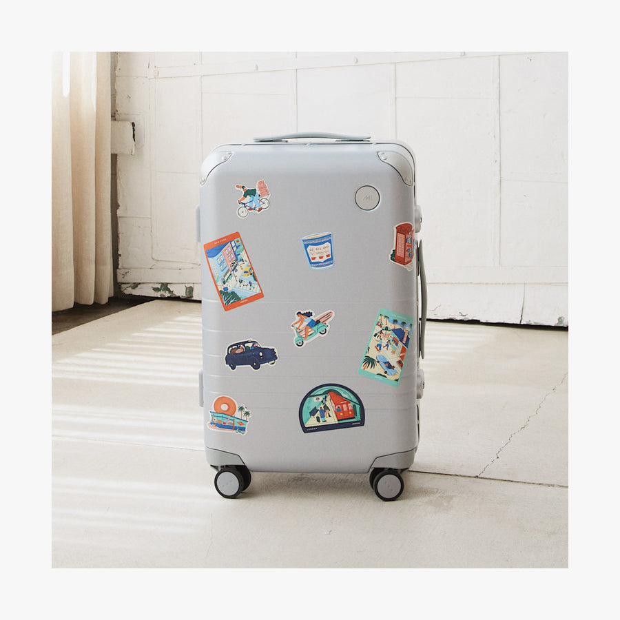 London | different cities Destination Stickers on a standing suitcase