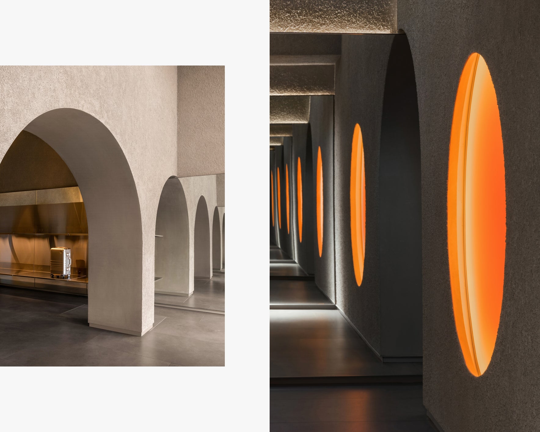 Monos Georgetown store interior with arched concrete walls, mirrored shelving, and glowing circular light features.