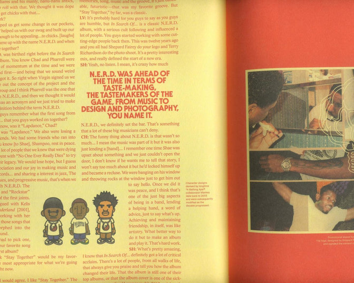 A magazine spread with a feature on the music group N.E.R.D., showcasing colourful graphics and candid photos. The text highlights the group’s influence in art, music, and design, celebrating their cultural impact.