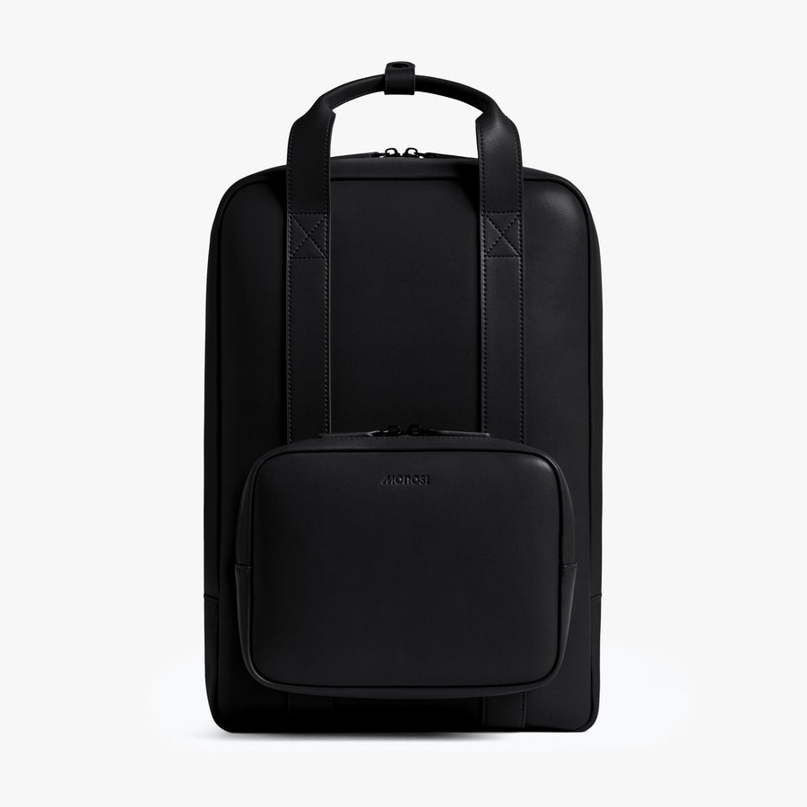 Carbon Black (Vegan Leather) | Front view of Metro Backpack Carbon Black