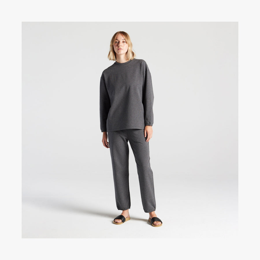 Heather Charcoal | Front full body view of female in Kyoto Long Sleeve in Heather Charcoal