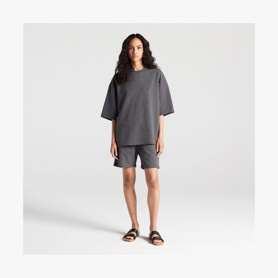 Heather Charcoal | Full body front view of woman in Kyoto Short Sleeve in Heather Charcoal
