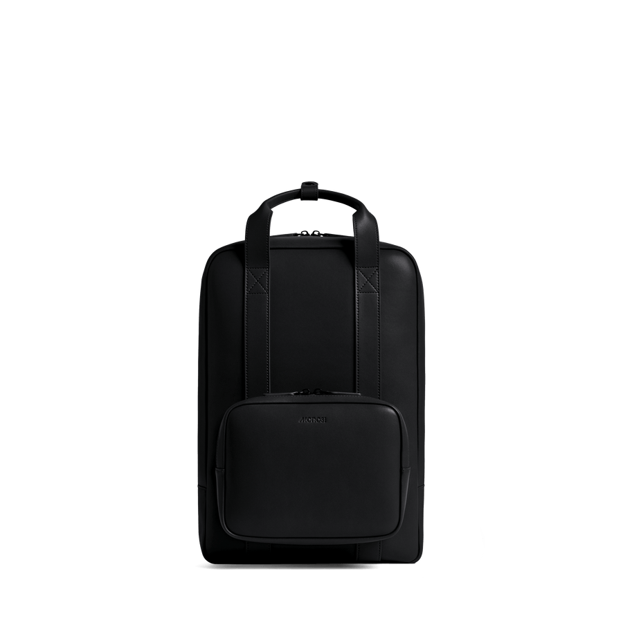 Carbon Black (Vegan Leather) Scaled | Front view of Metro Backpack Carbon Black